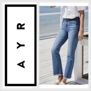 AYR The Pop Straight Leg Jeans Stretch Denim Mid Rise Ankle Fray Hem Size 28S